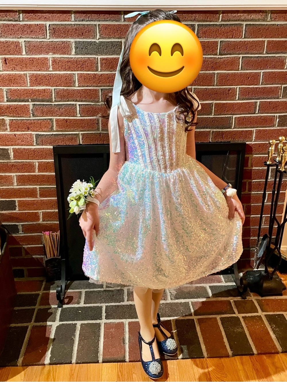 Sparkling White & Blue Sequin Girls' Formal Dress with Ribbon Straps